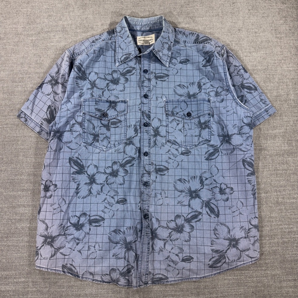 High Sierra Shirt Mens Large Blue Good Floral Grid Short Sleeve Button Down